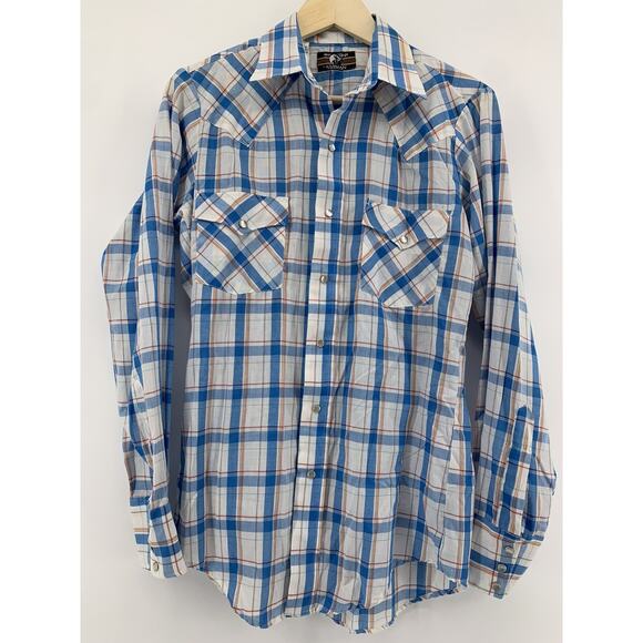 VTG Open Range Karman Pearl Snap Western Shirt Men’s S 15-34 Blue Plaid Cowboy - Picture 1 of 6